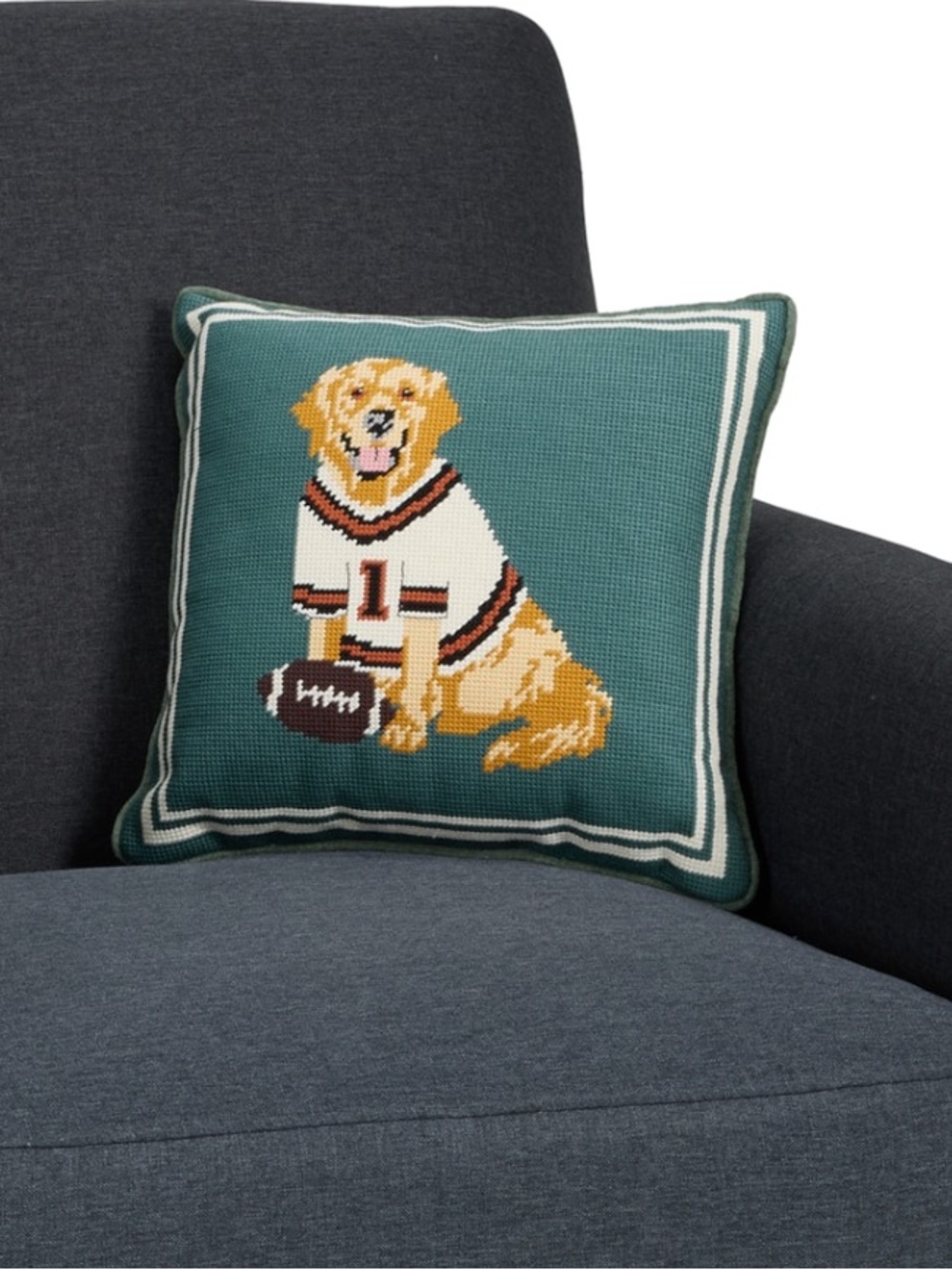 VIRAL Needlepoint Dog Football Pillow, Brand New!